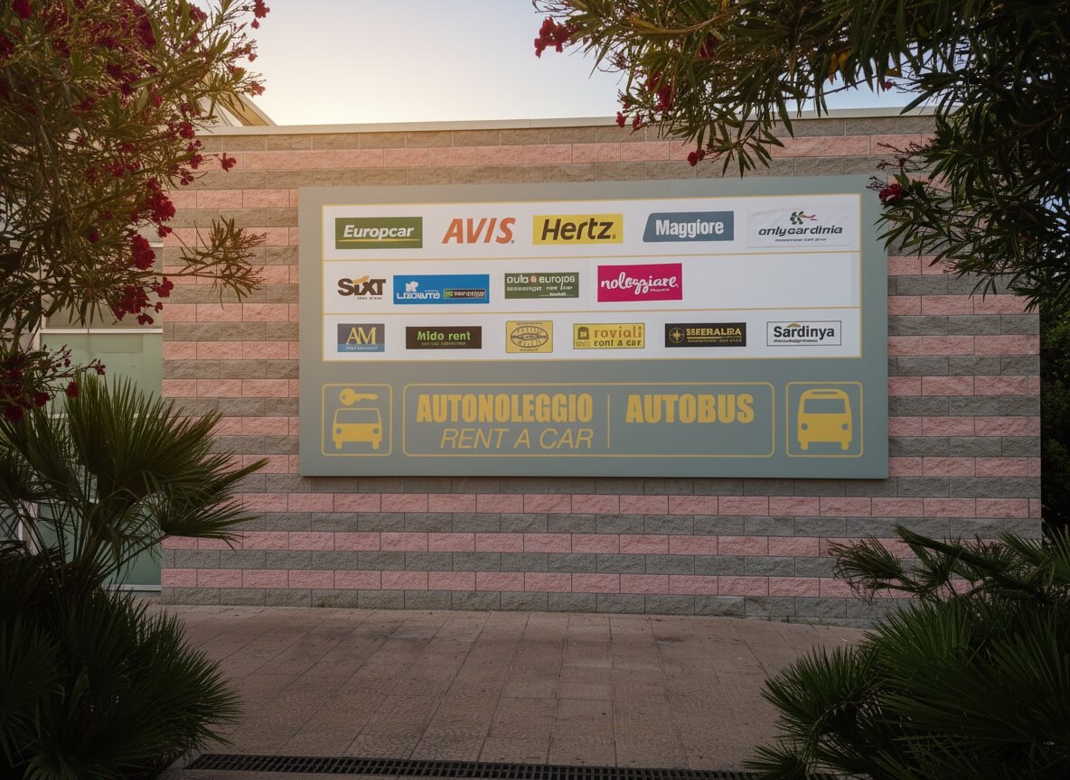 Car hire company signs at Olbia Airport — Europcar, Avis, Hertz, Maggiore, Sixt, Noleggiare