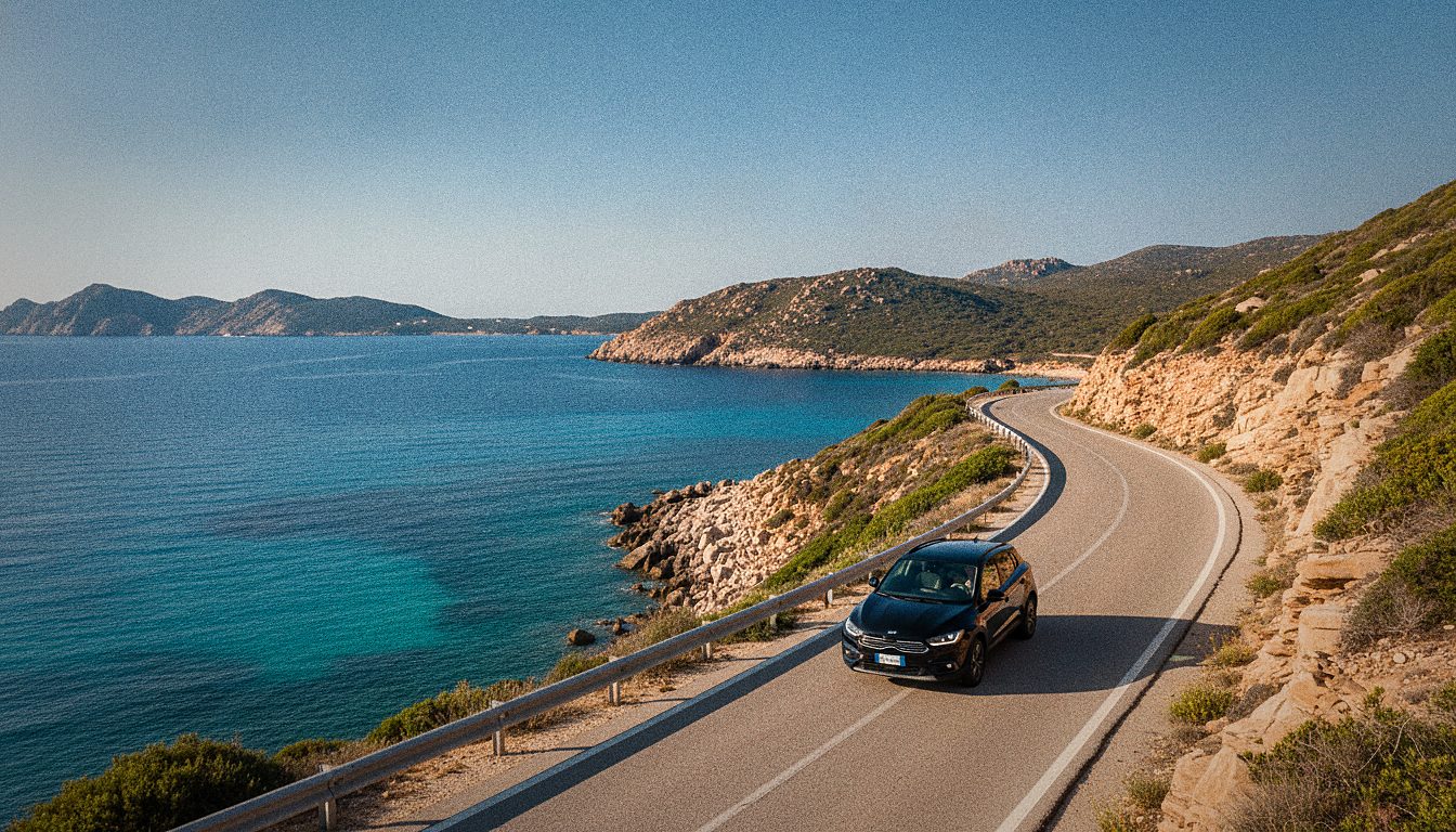 Hire car on a winding coastal road above the emerald sea of the Costa Smeralda