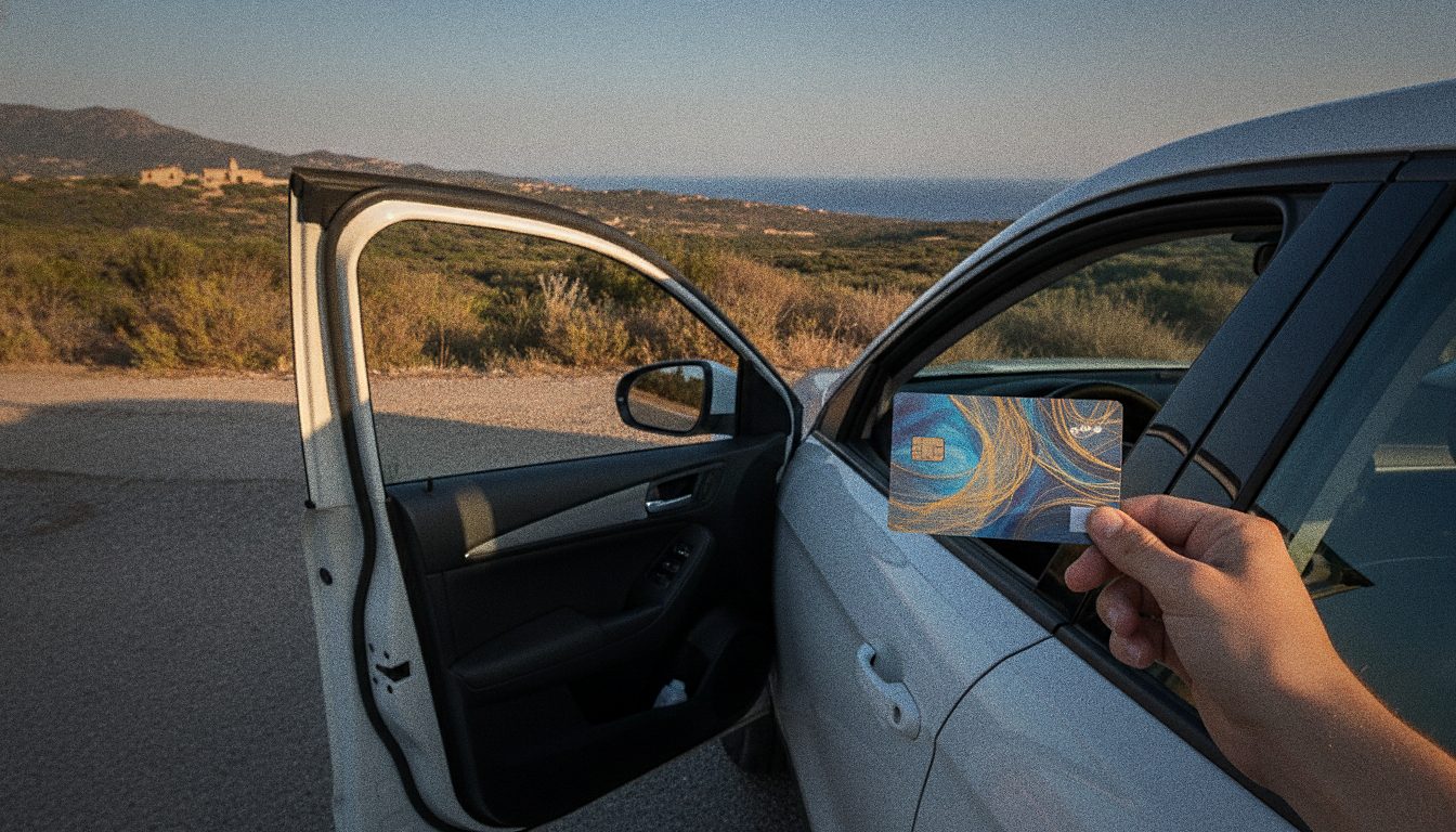 Traveller holding a debit card beside a rental car in Olbia, Sardinia