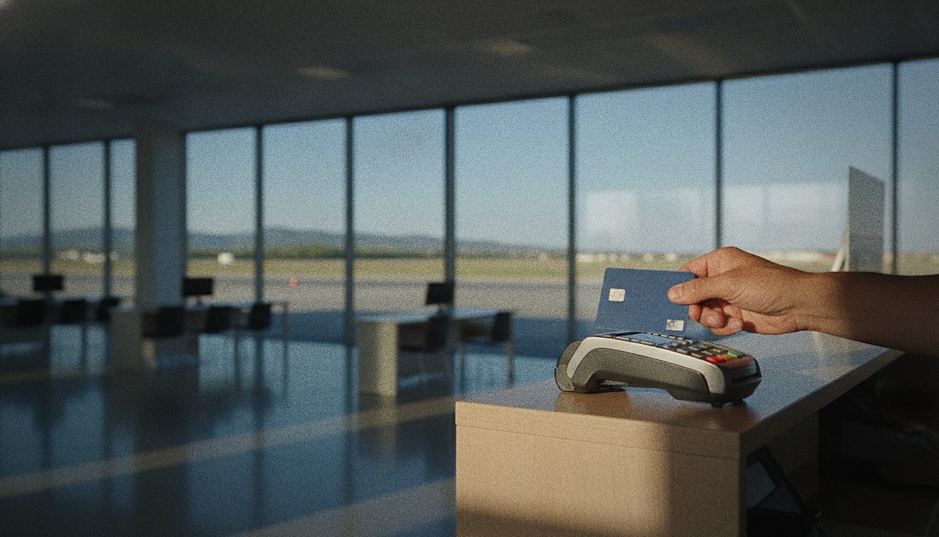 Paying for a car rental with a debit card at an Olbia Airport counter