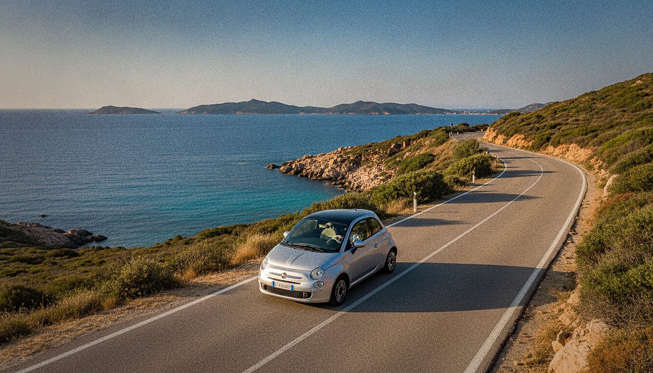 Rental car on a coastal road on the Costa Smeralda in Sardinia near Olbia