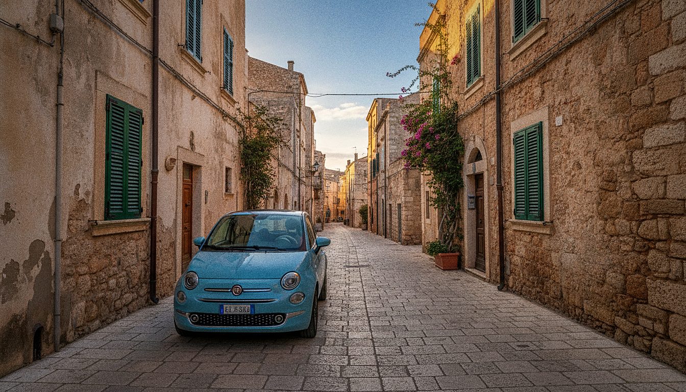 Rental car on a street in the old town of Olbia, Sardinia